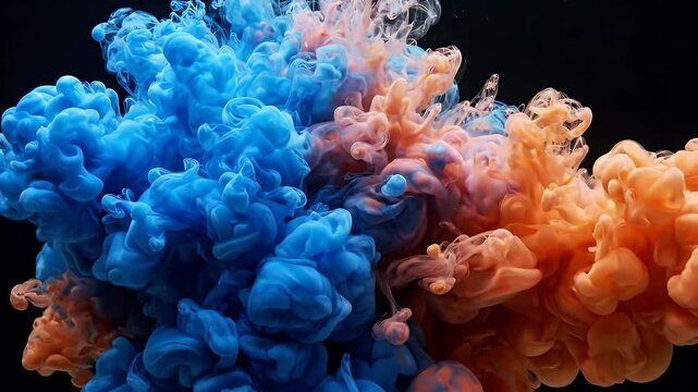 Vivid Blue and Orange Ink Exploding in Water Abstract - Vibrant blue and orange inks swirl and explode within a dark, liquid medium.
