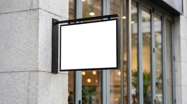 Blank rectangular hanging signage board mockup on modern store facade wall exterior