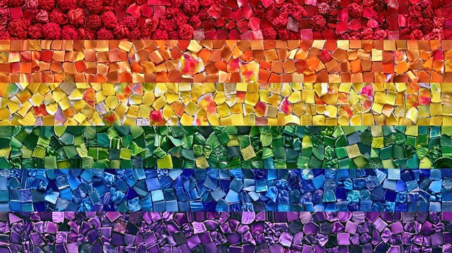 Colorful mosaic tiles arranged in horizontal rainbow bands