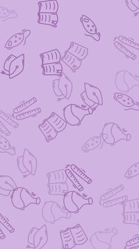 Purple background with lavender wallpaper pattern featuring school books, graduation caps, chemistry beakers, rulers, and science elements. Ideal for educational materials.