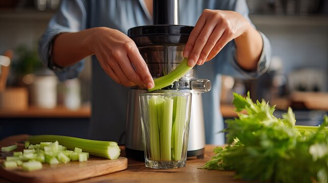 Woman's hands adding fresh chopped celery to a juicer for healthy homemade green juice in kitchen at home
