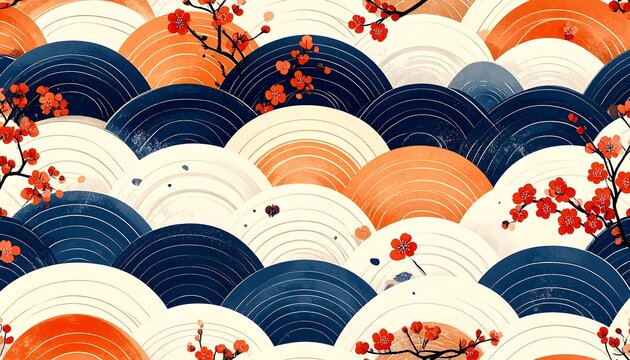 Traditional Japanese seamless pattern with wave motif and blooming red plum blossom branches