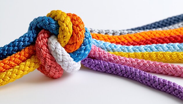 Colorful braided ropes tied together in knot