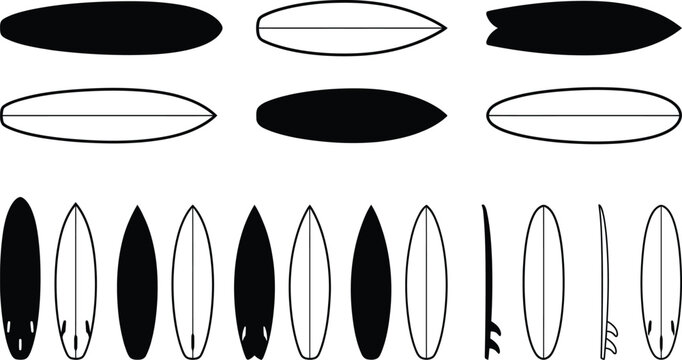 Minimalist surfboard vector icons set, black and white surfing board silhouettes, collection of longboard and shortboard equipment shapes for summer sports