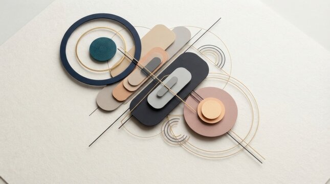 Modern Abstract Geometric Composition with Nested Circles and Rounded Rectangles in Muted Tones