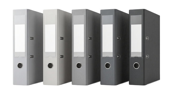 Set of five office ring binders in different shades of gray isolated on white background
