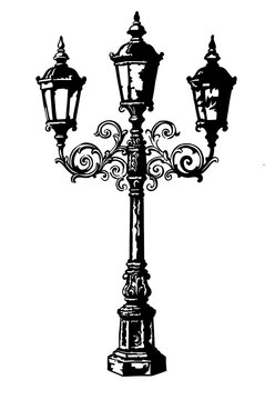 A black-and-white sketch illustration of a classic three-headed street lamp featuring elegant, curved ornamental carvings.