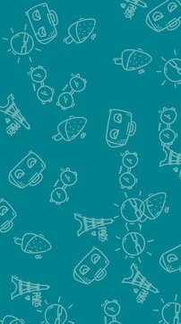 Sun sunglasses suitcase ice cream eiffel tower pattern teal travel icons suitable for summer vacation designs, travel blogs, and tourism graphics.
