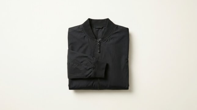 A folded black quilted bomber jacket on a plain white background.