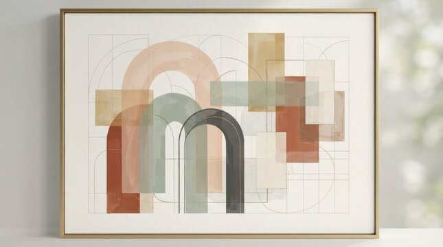 Modern Abstract Geometric Arches and Rectangles in Earthy Tones with Blueprint Grid