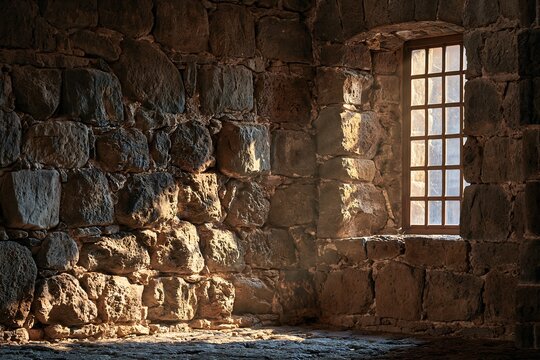 Dramatic sunbeam streaming through a grid window into an ancient medieval stone castle interior.