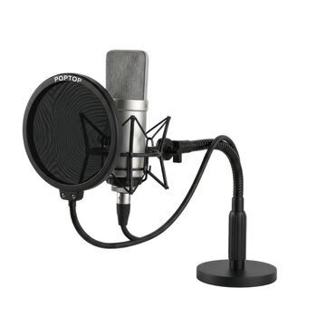 Professional studio microphone setup with pop filter and flexible stand on white background