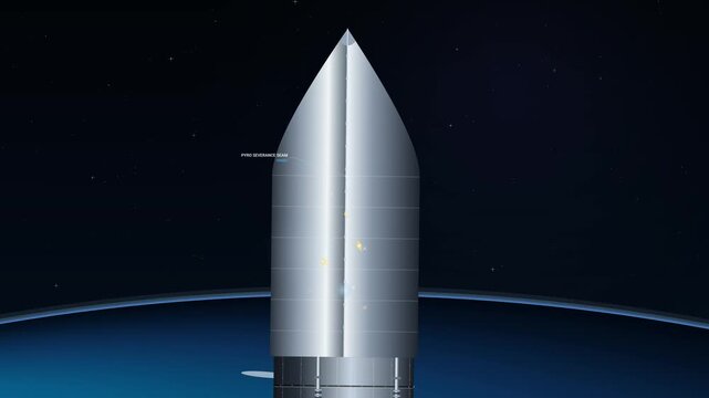 3D animation of a satellite fairing separation sequence in space, revealing the payload before the deployment of solar array wings and parabolic dish gimbal for orbital insertion