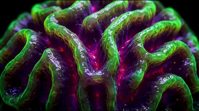 Macro close-up of a glowing bioluminescent brain coral labyrinth, vibrant neon green and pink plasma energy texture, abstract alien marine life and organic sci-fi nature concept