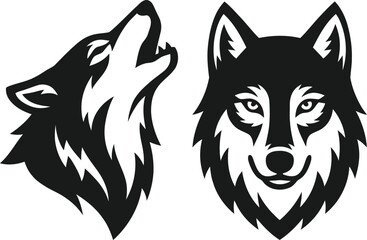 Fototapeta premium Wolf head mascot vector set, howling wolf silhouette and front view portrait, black and white predator animal icons for sports team branding