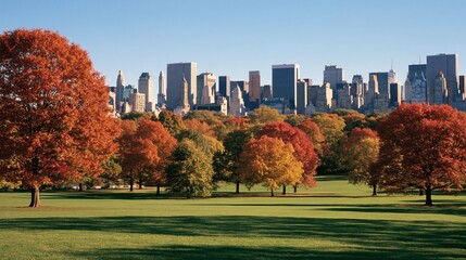 Obraz premium Autumn park landscape with city skyline background