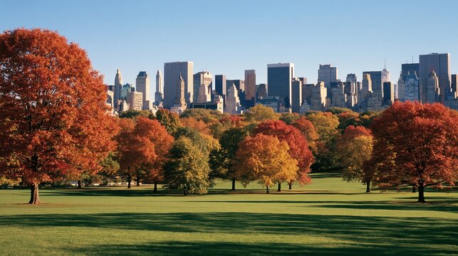 Autumn park landscape with city skyline background