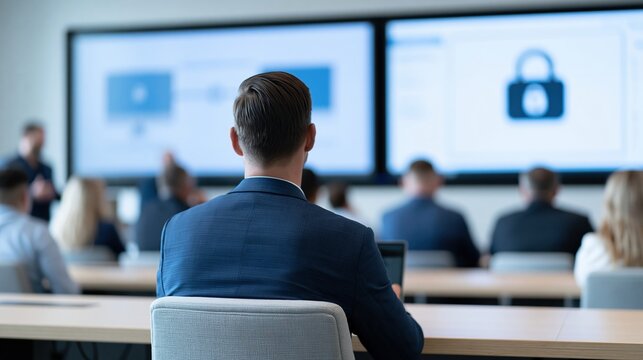 Man in suit attending cybersecurity presentation with lock