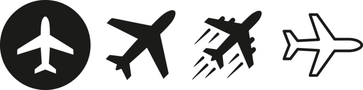 Minimalist airplane icon set, black aircraft silhouettes for travel and aviation, 4 vector plane symbols for airport signage and flight tracking apps