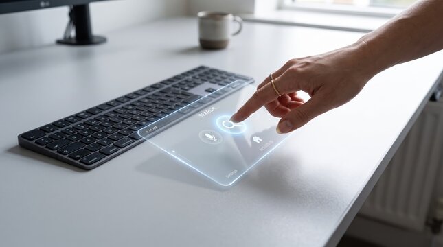 Close up of a hand interacting with a futuristic holographic search interface floating above a modern desk keyboard, symbolizing advanced AI technology and digital innovation.