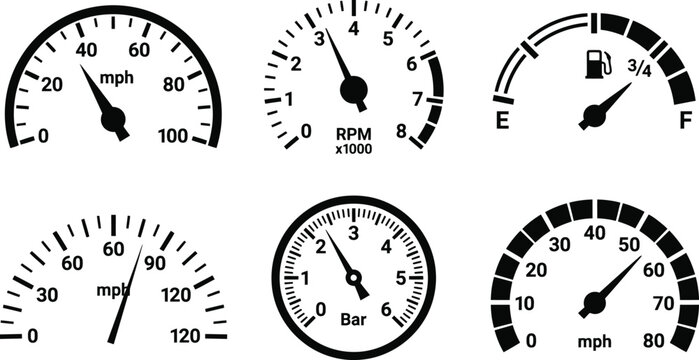 Automotive dashboard gauges set, black and white speedometer and tachometer icons, fuel level and pressure meter vector illustrations for car interface