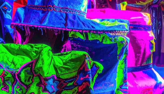 Close up of glowing neon embroidered textiles and fabrics.