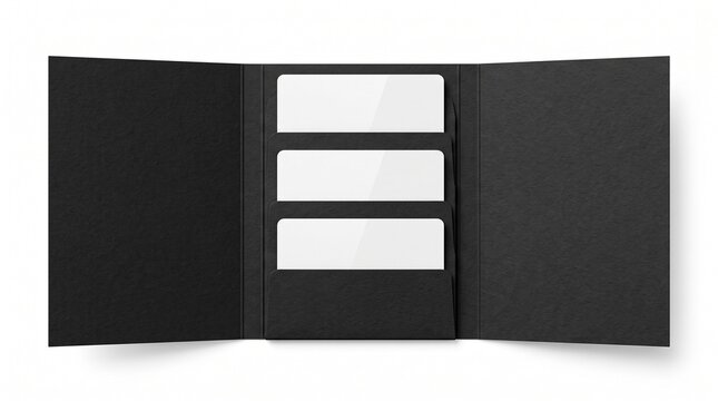 An open black cardboard folder displaying three blank white rectangular cards inserted into internal slots, isolated on white background