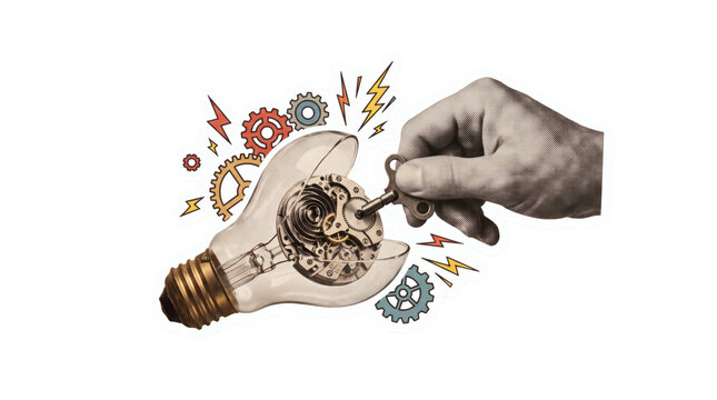Idea innovation lightbulb sticker, hand breaking open glowing glass incandescent lightbulb revealing tangled idea filament. Creativity insight disruption on transparent background.