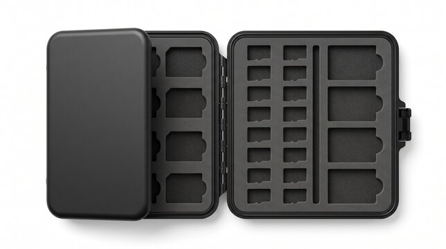 An open black plastic storage case for memory cards with multiple rectangular slots and foam padding isolated on a white background