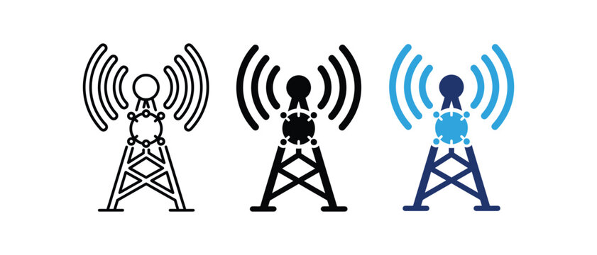 Telecommunication cell tower wireless signal and radio broadcast icon vector set