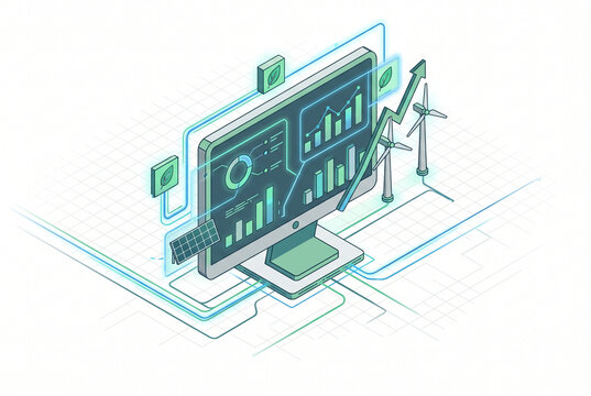 Isometric sustainability reporting dashboard interface vector