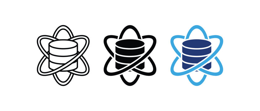 Database Science Icon Set, Data Storage with Atomic Orbitals and Information Technology Symbol Vector Design