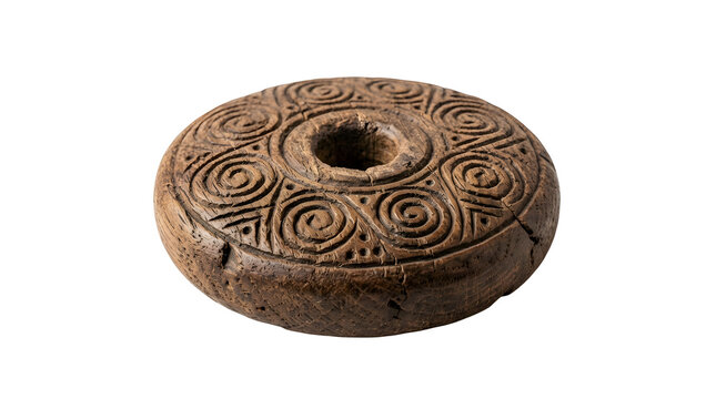 Traditional wooden spindle whorl isolated on white background, perfect for textile craft and spinning design projects, and creative projects, high quality visuals, modern branding needs