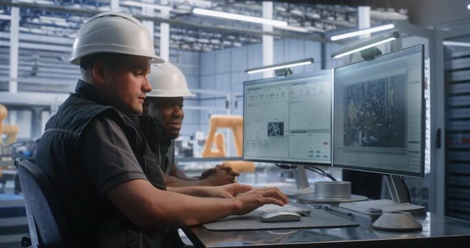 Male Technician Types on Keyboard While Colleague Points to Real Time Analytics Graphs on Screen. Data Driven Process Optimization Streamlines Automated Plant Operations. Concept of Teamwork.