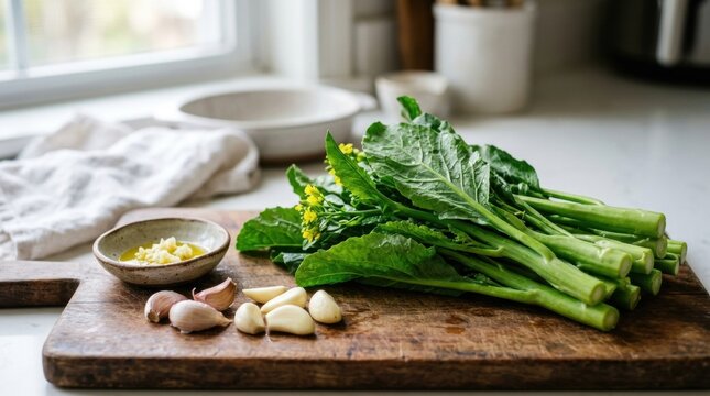 Fresh chinese broccoli with garlic and oil on cutting board kitchen preparation for healthy vegetable dish.