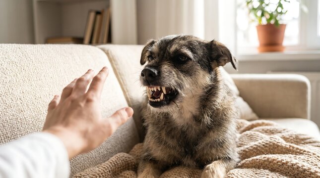 Gray Terrier Growling at Approaching Hand While Lying on Sofa
