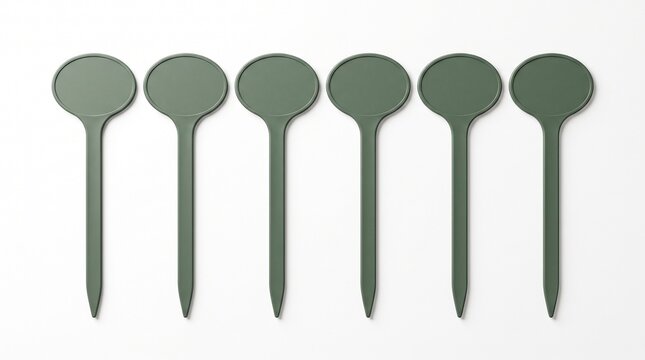 Six green oval-shaped plant markers or garden labels with long stems, arranged in a row, isolated on a white background