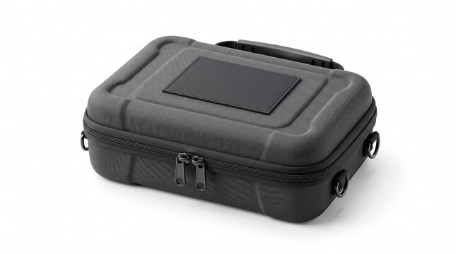 Small black rectangular hard shell storage case with a blank patch and zipper closure, isolated on a clean white background