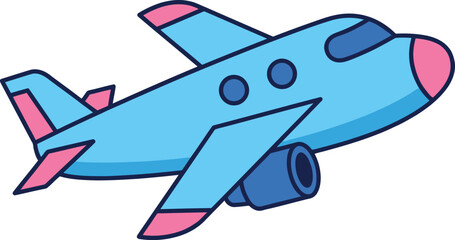 Cartoon airplane vector illustration, cute blue toy plane with pink accents, commercial aviation flight icon for kids travel and education © Raheela