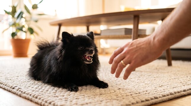 Small Black Dog Growling at Approaching Hand in Living Room