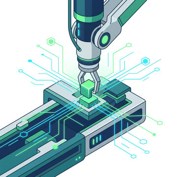 Isometric robotic arm green optimization closeup vector