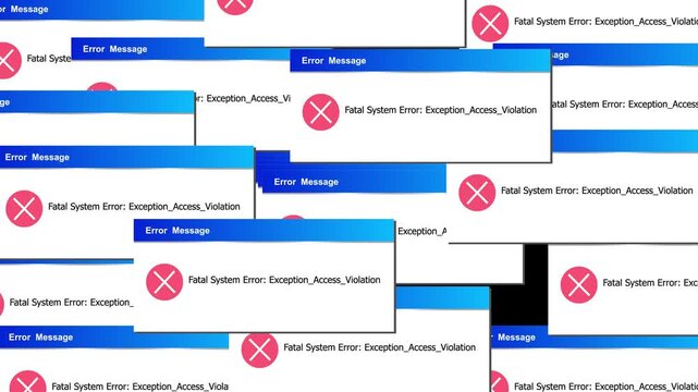 Retro computer system error popup window cascade animation with fatal access violation warning message on dark background
