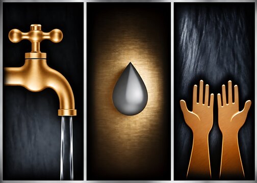 Water conservation concept with faucet droplet and raised hands
