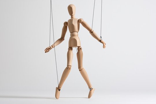 Wooden puppet figure hanging from strings against white
