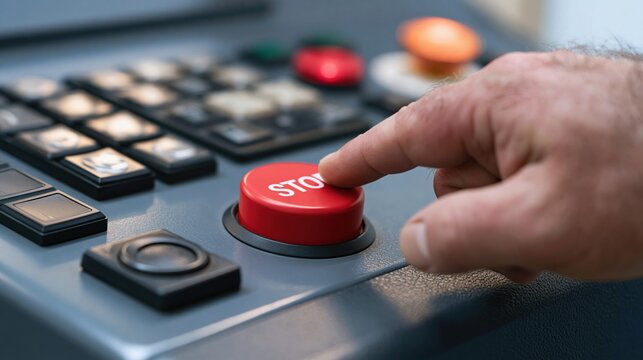 Hand pressing red emergency stop button on industrial