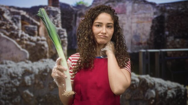 Woman with curly hair in red apron holds a leek with gloved hand and touches her neck while inspecting the vegetable in a ruined building; disgust.