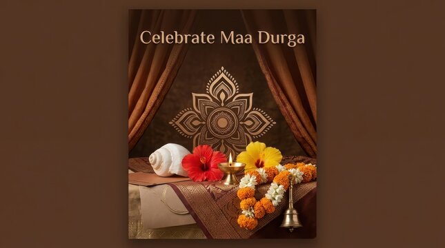 Celebrate Maa Durga spiritual motif with oil lamp, hibiscus, marigold garland, and conch on ornate Indian silk fabric backdrop.