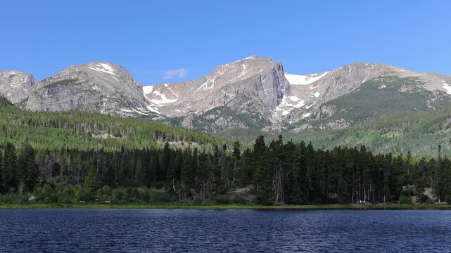 Mountain range with snow patches behind forested lake.
