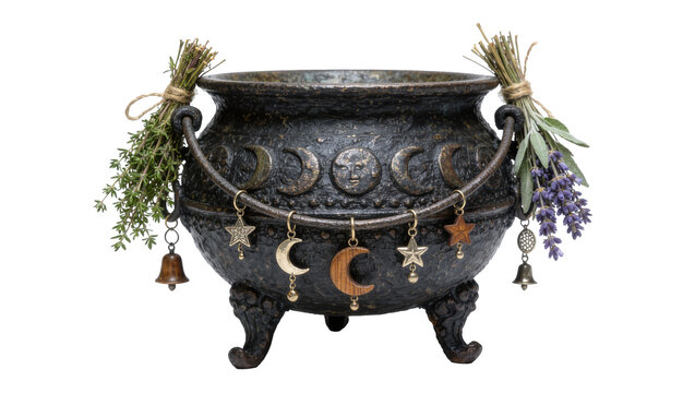 Ornate black cauldron with moon phases and celestial charms decorated with herbs, isolated on transparent background