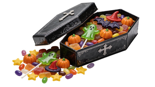 Black coffin overflowing with Halloween candies and lollipops, isolated on transparent background
